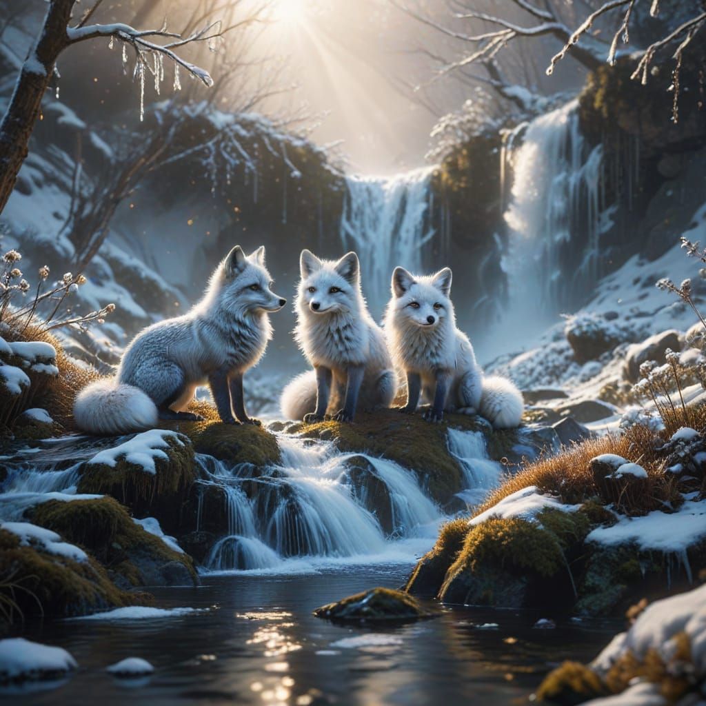 Arctic Foxes in Winter Waterfall Landscape