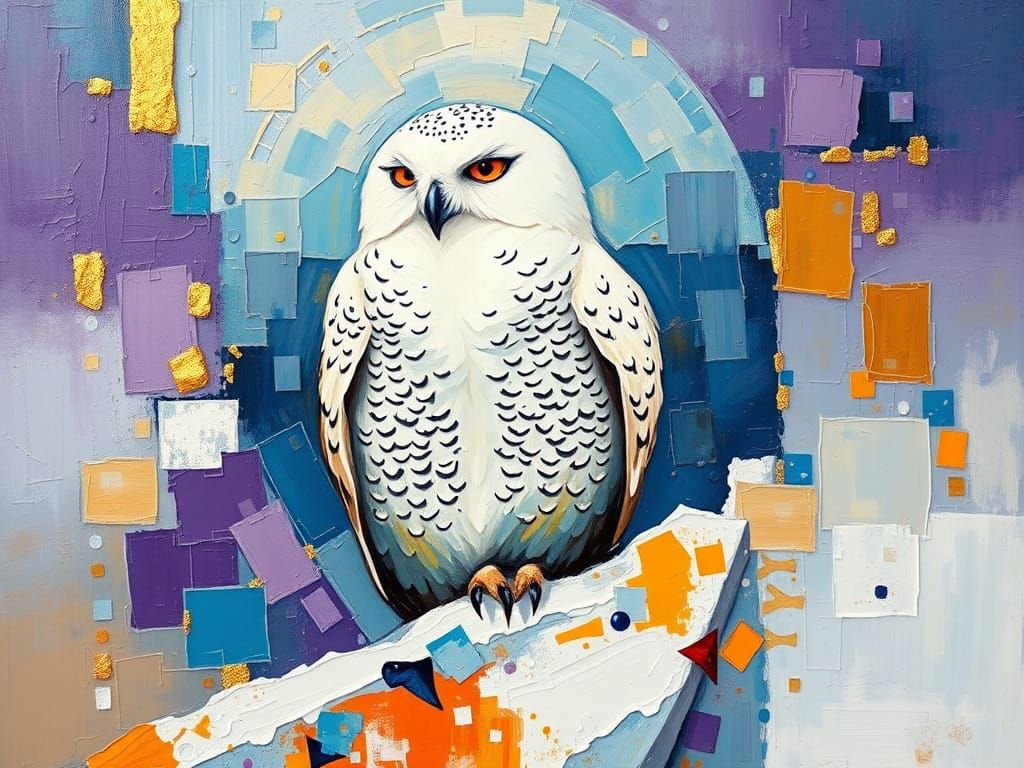 Abstract Expressionist Geometric Oil Painting with Snow Owl