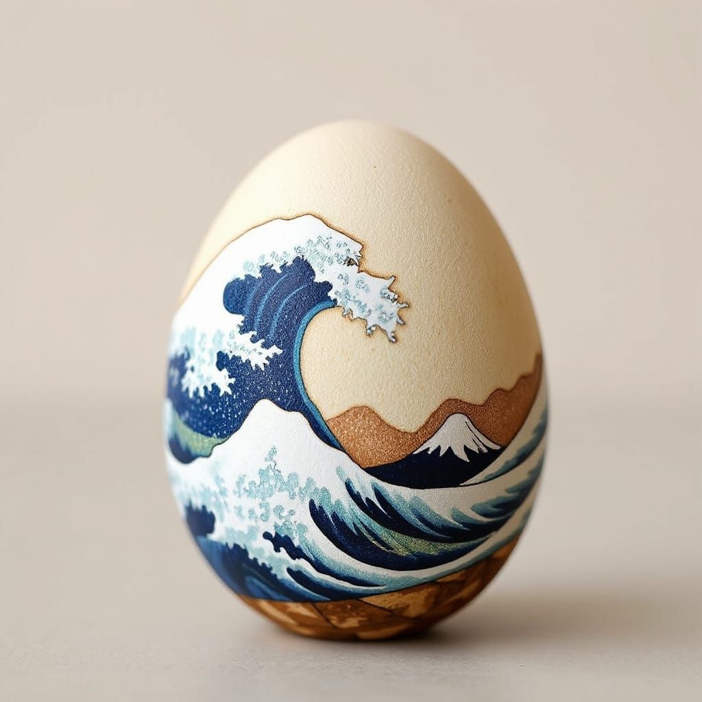 Traditional Japanese Wave Scene Wraps Around Egg in Woodbloc...