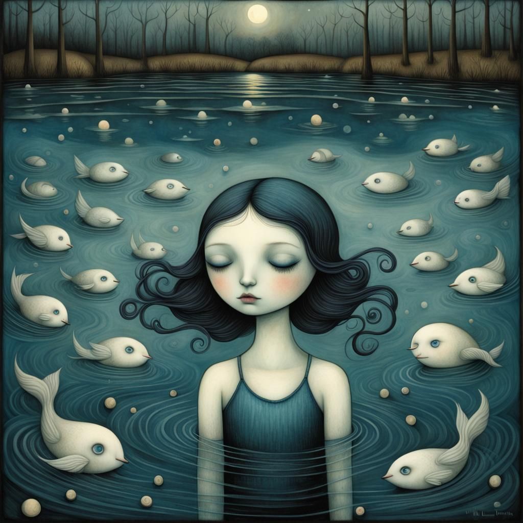 Blue Girl Swimming in Moonlit Lake, Illustrative Fantasy