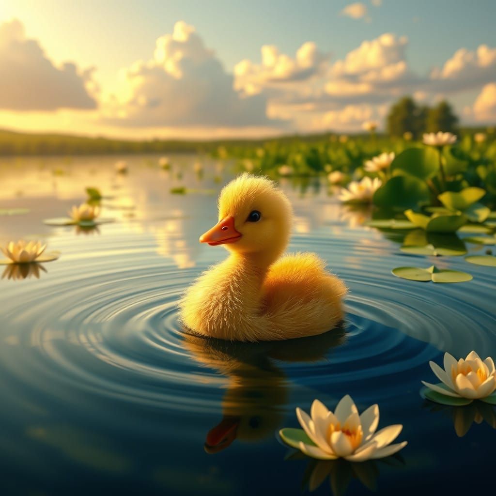 Vibrant Duckling in Tranquil Sunlit Pond