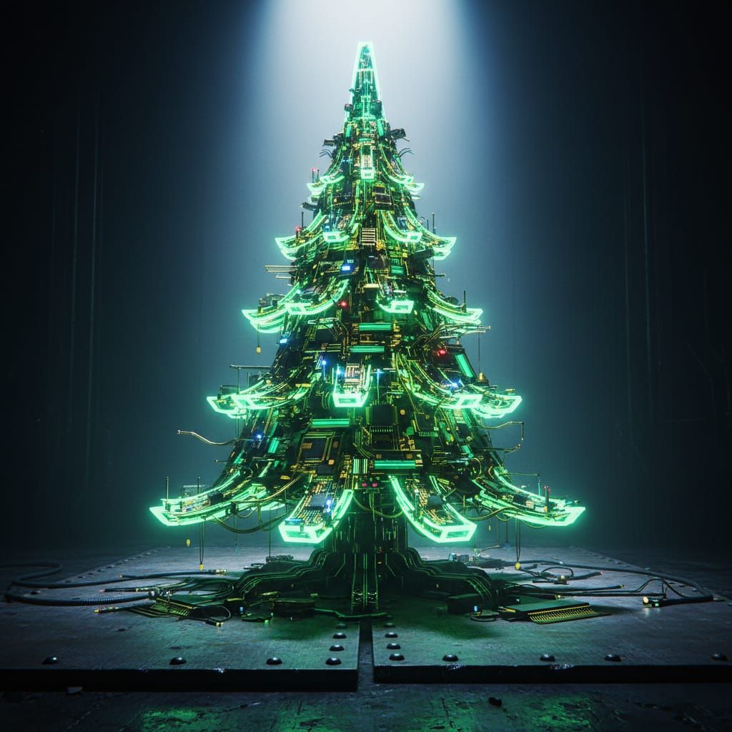 Circuit Board Christmas Tree in Neon Glow