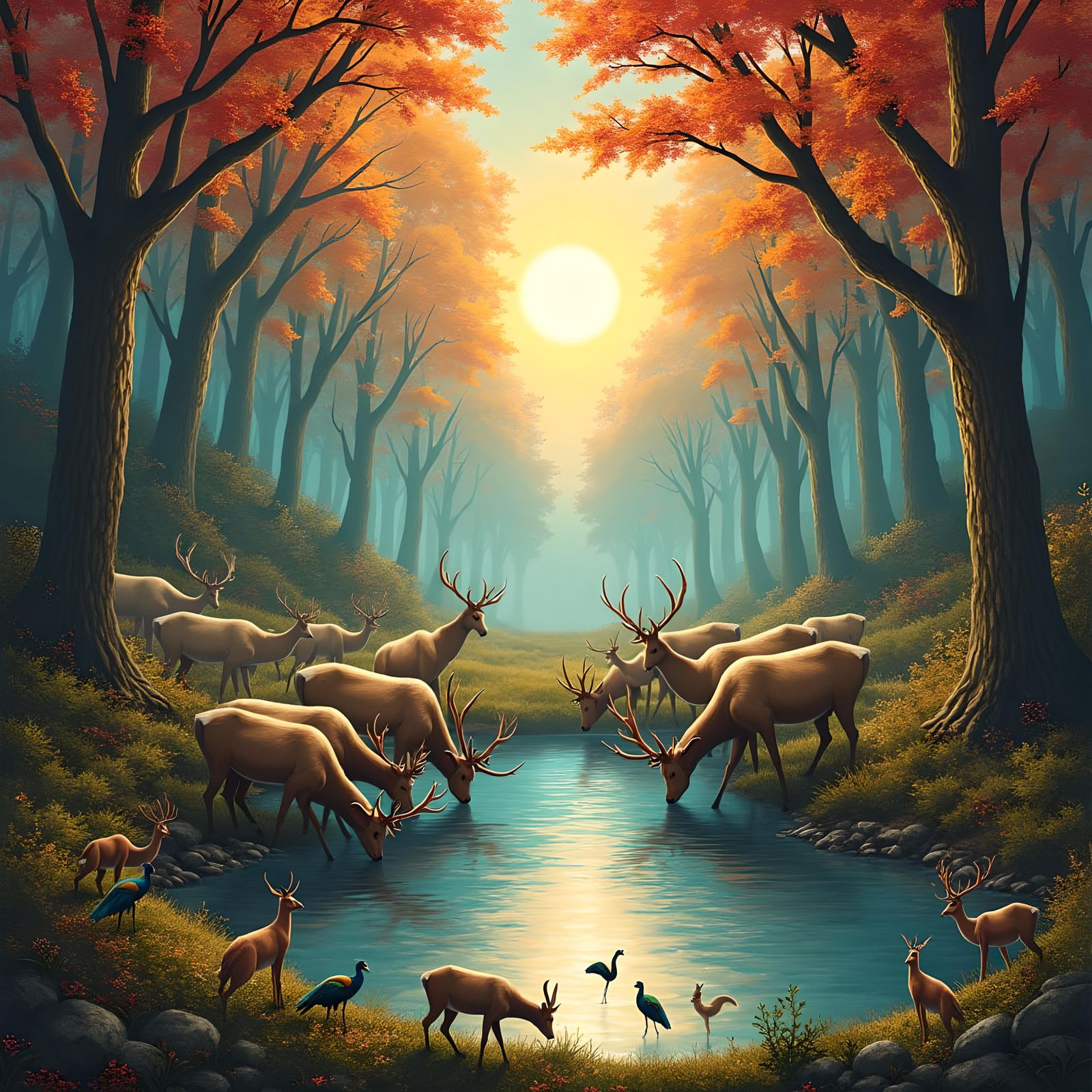 Majestic Deer Herd Drinking in Forest Pond