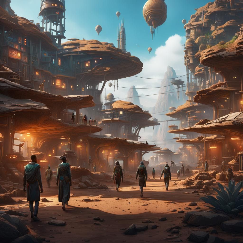 Futuristic African Village with Cyberpunk Style People