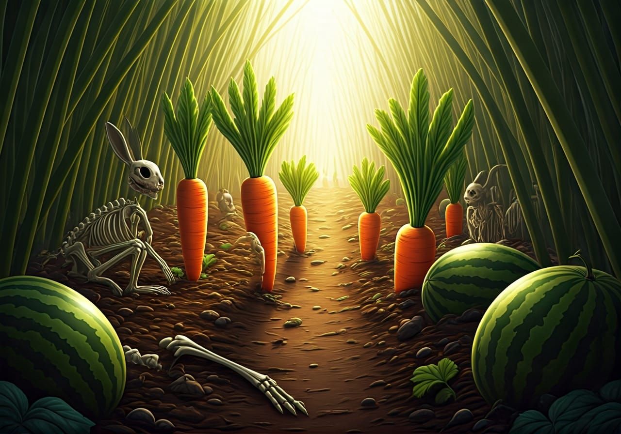 Eerie Garden with Carrots and Rabbit Skeletons