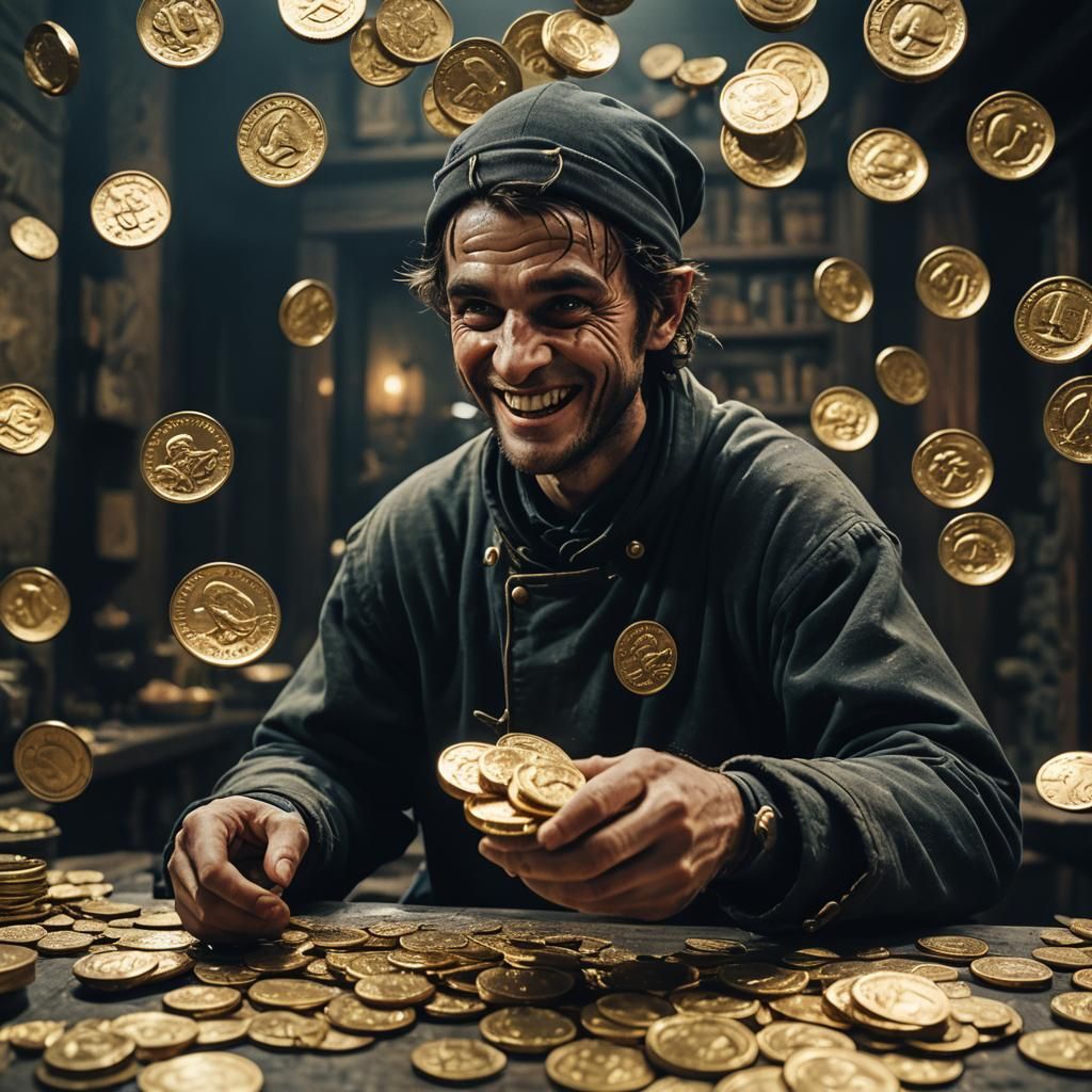 Cinematic Thief Grinning and Flipping Gold Coins