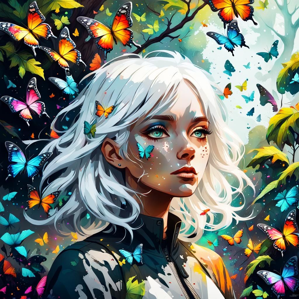Girl with Butterflies in Graffiti Art Style