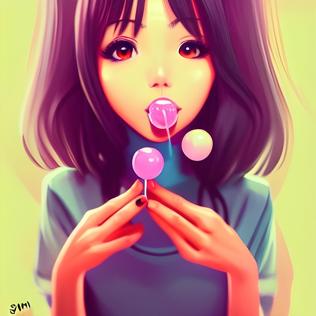 Cute Woman Blowing Bubblegum in Anime Style