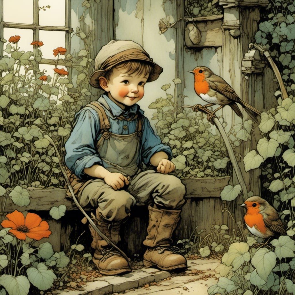 Robin Watches Little Gardener in Whimsical Illustration