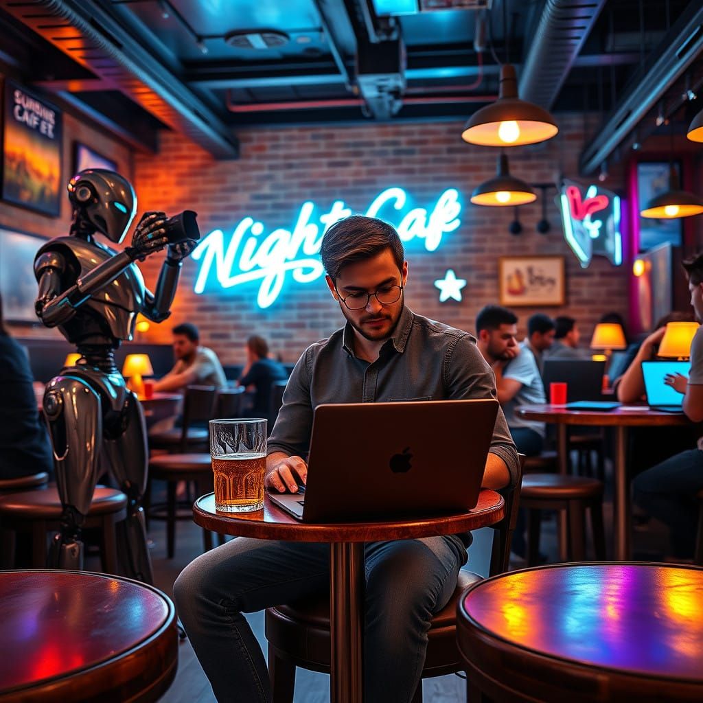 Young Man Works in NightCafe, Surrounded by Retro Futurism