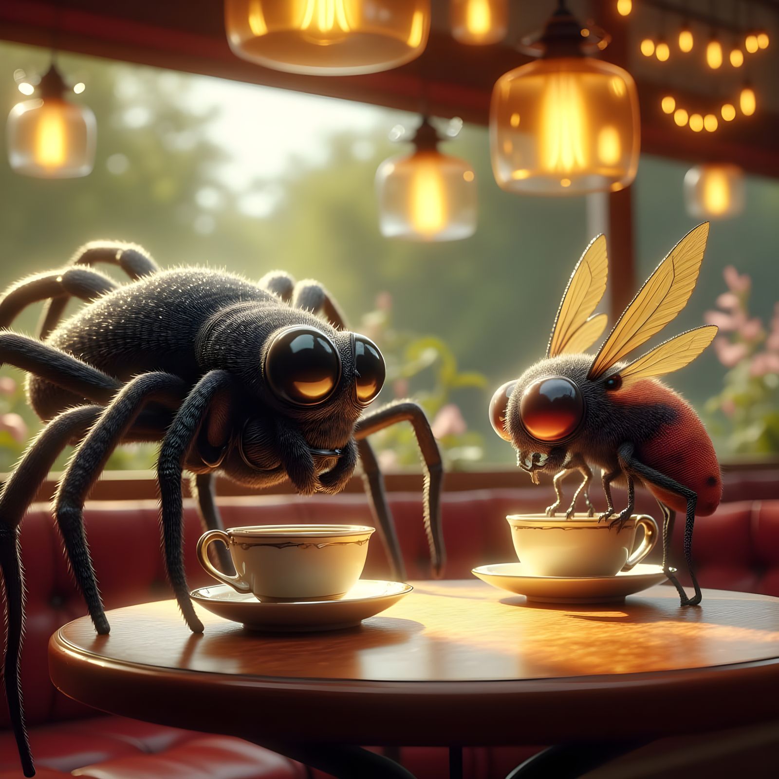 Spider and Fly Enjoy Tea at Retro Diner