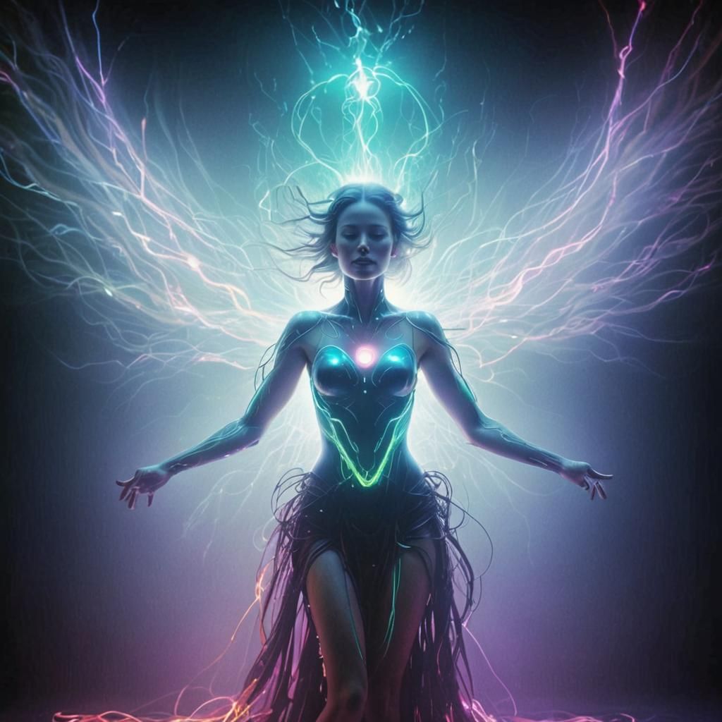 Electric Woman Radiating Energy in Surrealist Digital Art