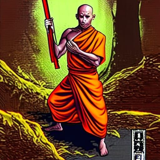 Meditating Bald Monk with Quarterstaff in Orange Robes
