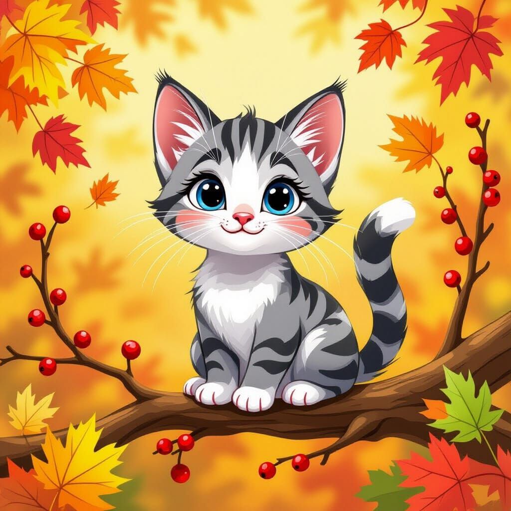 Adorable Kitten in Autumnal Disney-Style Illustration
