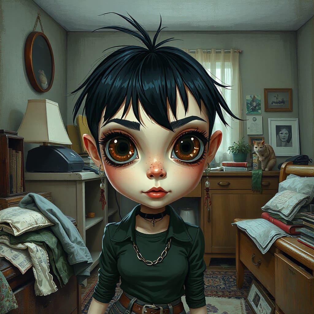 Punk Girl in Messy Room: 2D Cartoon Art