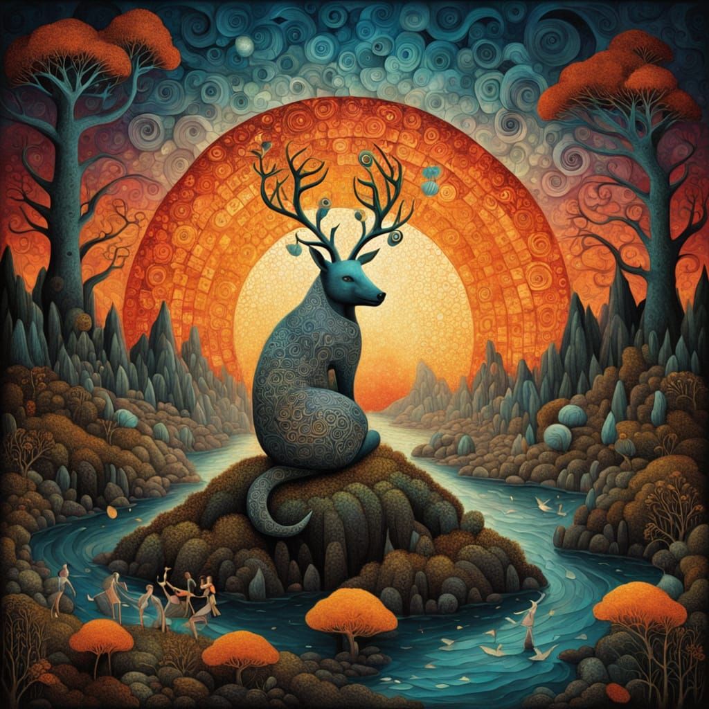 Shaman in Musical Labyrinth at Sunset, Bioluminescent Detail...