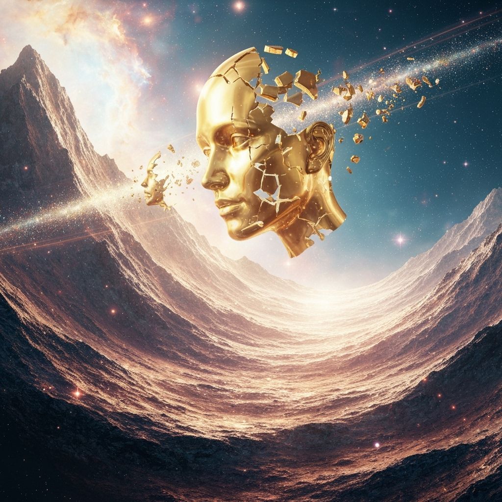 Swirling Mountains of Space with Golden Head Fragments
