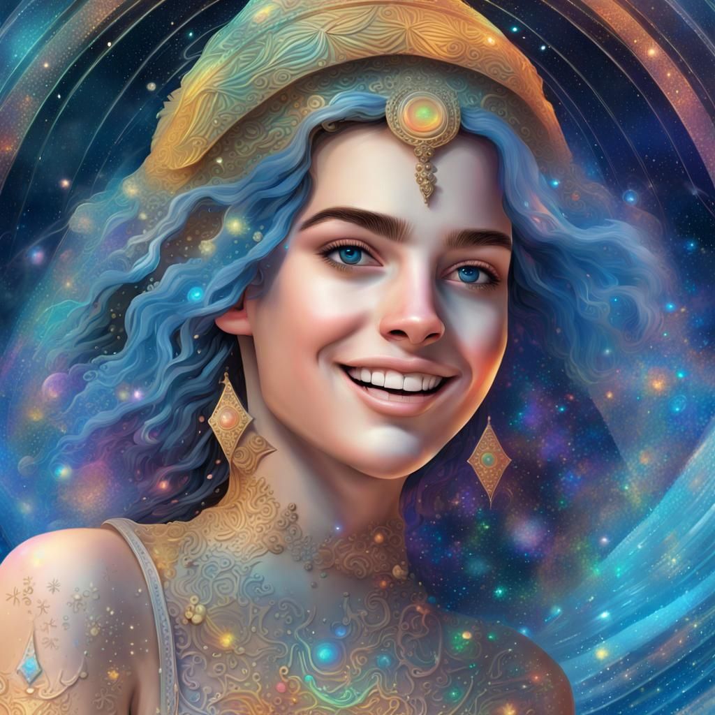 Smiling Mediterranean Girl in Holographic Illustration