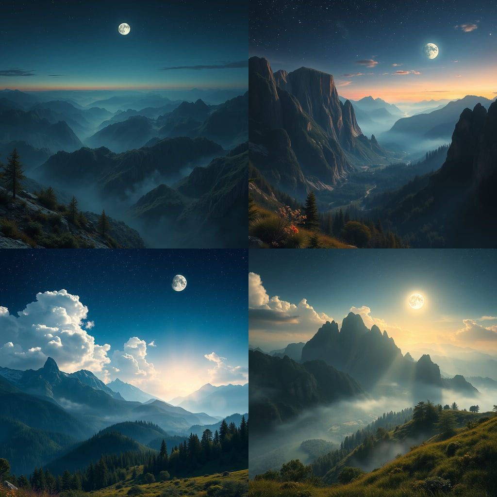 Surreal Nighttime Landscape with a Majestic Moon in a Digita...