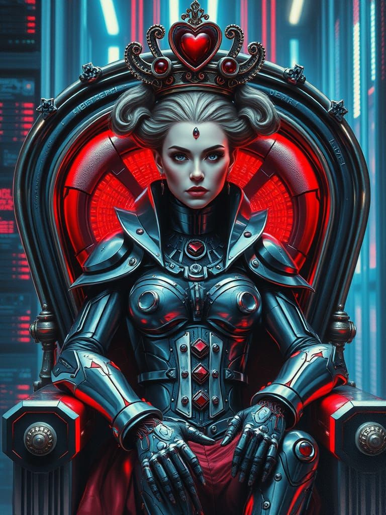 Cyberpunk Queen of Hearts on Server Rack Throne