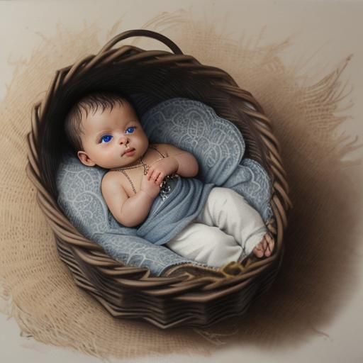 Detailed Charcoal Drawing: Baby Boy in Wicker Basket