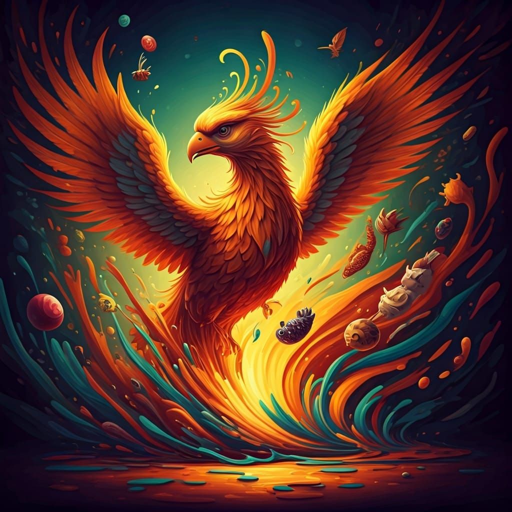 Majestic Phoenix Surrounded by Escaping Creations