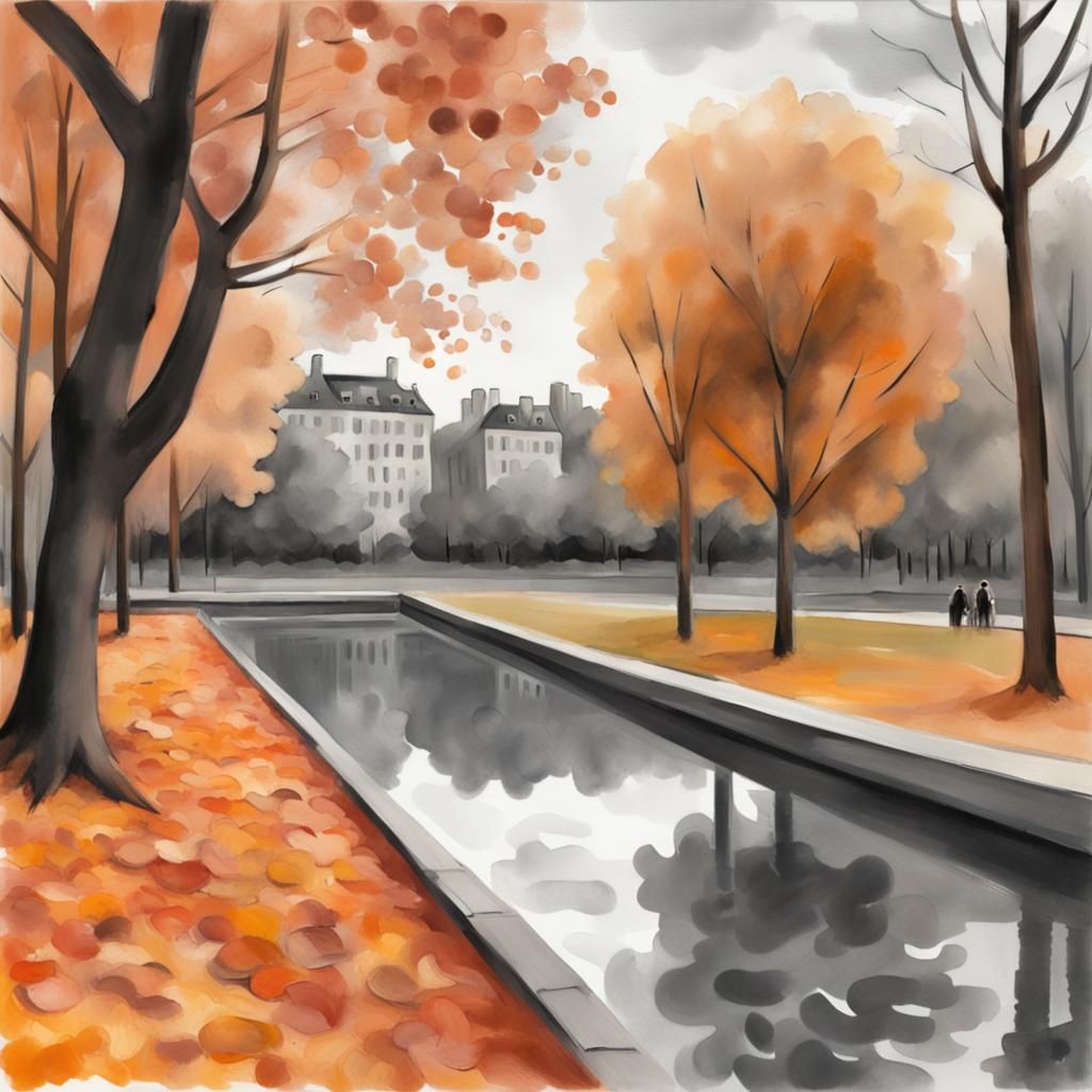 Autumn Park Scene in Grayscale Gouache Style