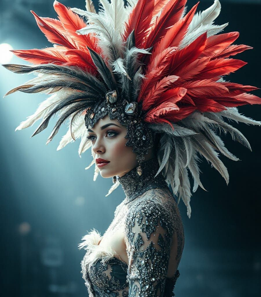 Surreal Double Exposure Showgirl in Hyper-Realistic Style