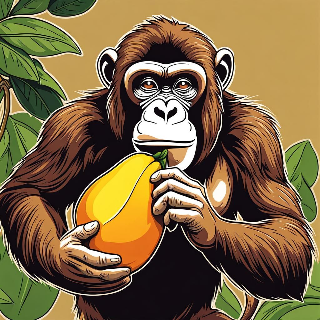 Cartoon Ape Enjoys Mango in Pencil Style