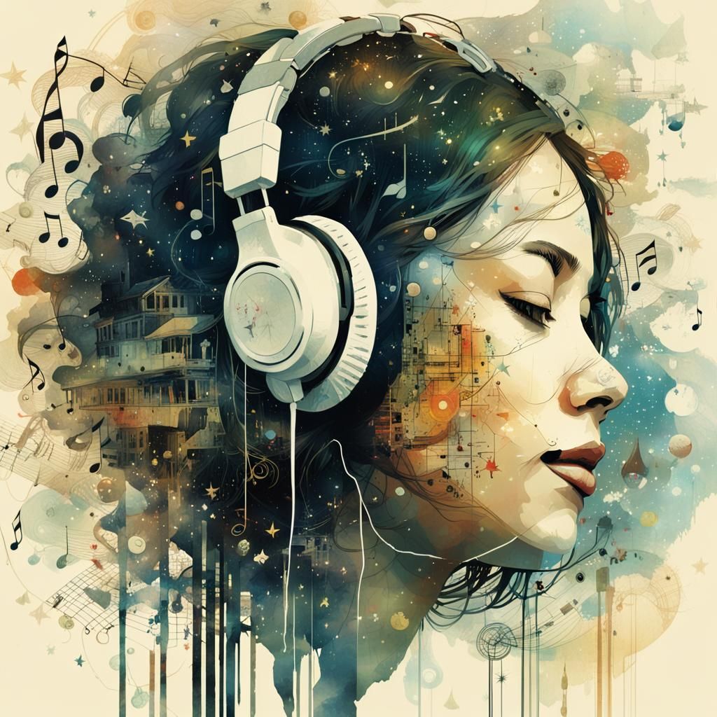 Dreamy Girl with Headphones in Maximalist Galaxy