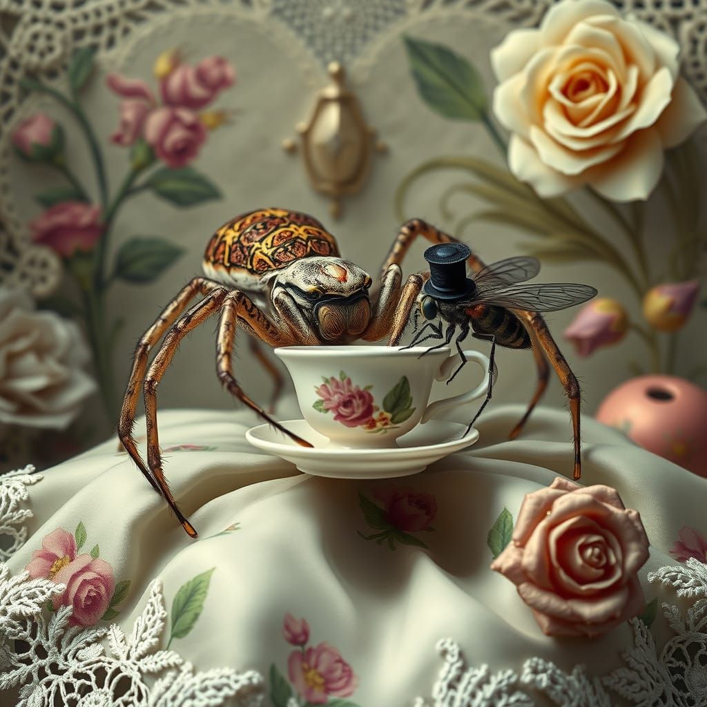 Victorian Spider's Tea Party with Housefly