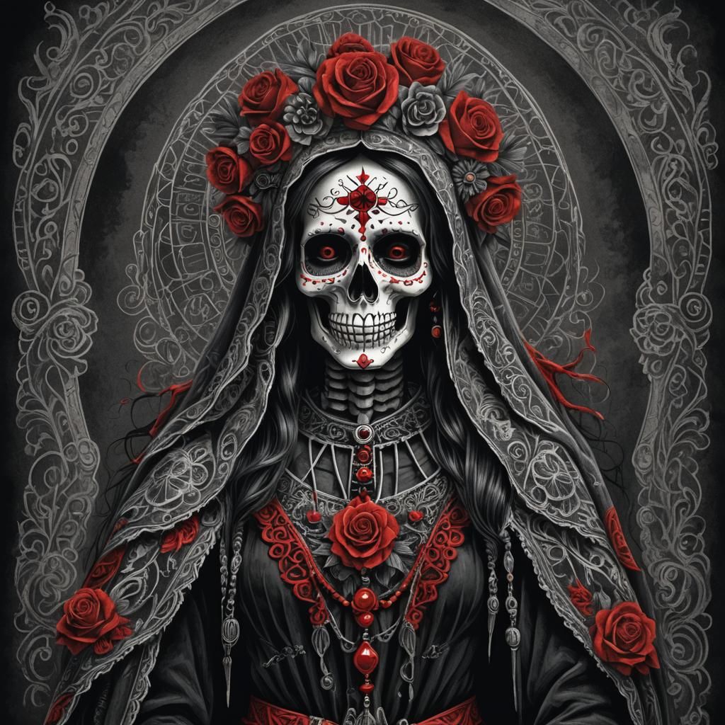 Mysterious Santa Muerte in Dark Mexican Folk Style
