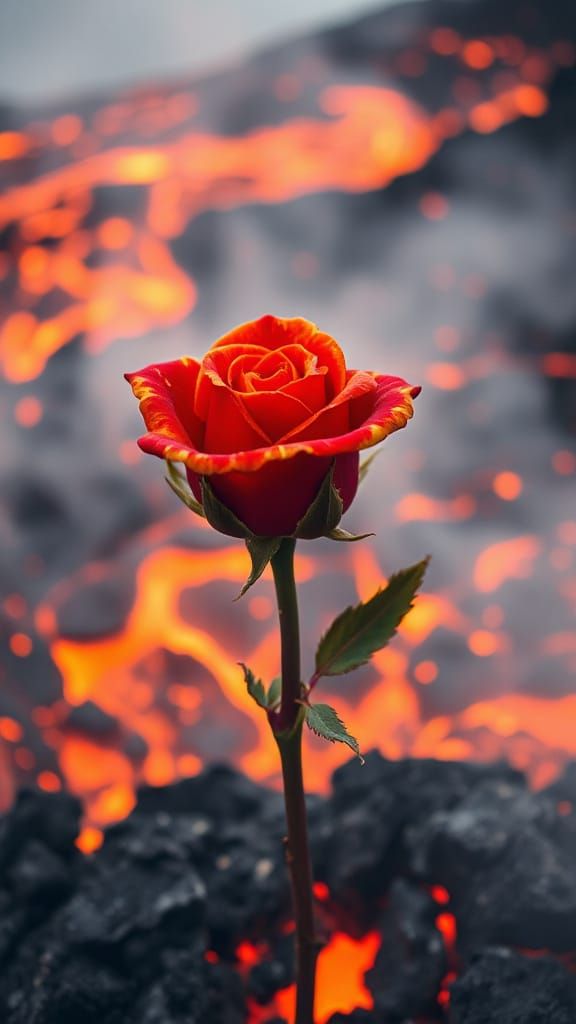Resilient Rose Blooms in Molten Lava Wasteland