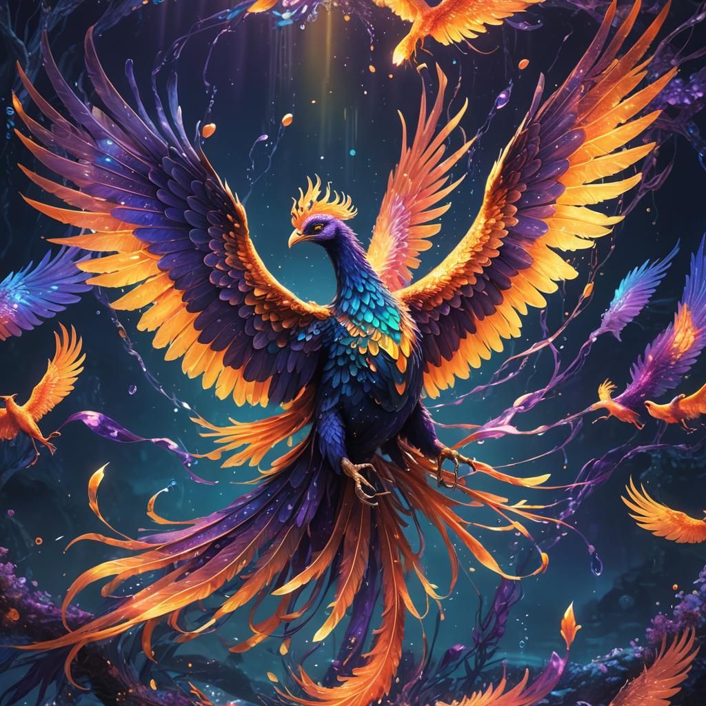 Underwater Bioluminescent Phoenix with Spear, Fantasy Art