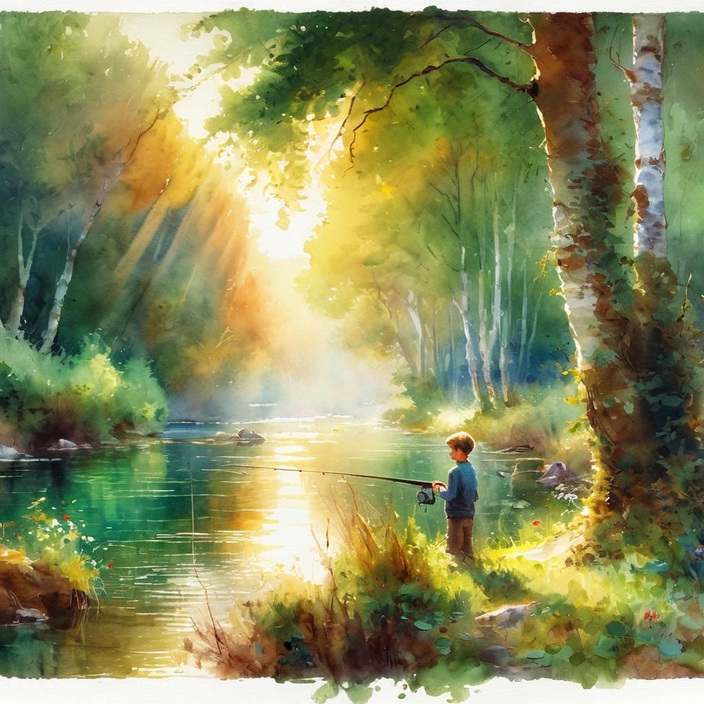 Watercolor landscape. Medium shot. Timmy fishing by a river, his line in the water, surrounded by trees. Warm light filt...