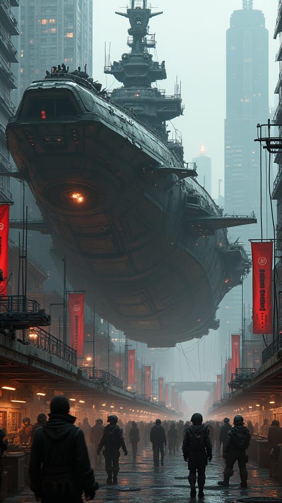 Cyberpunk Sci-Fi Warship in Industrial Dockyard