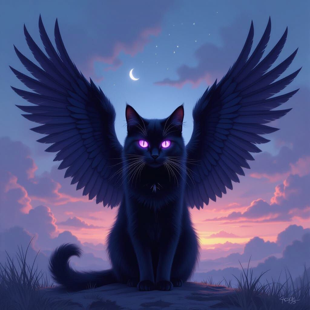 Mystical Cat with Crow Wings and Glowing Purple Eyes