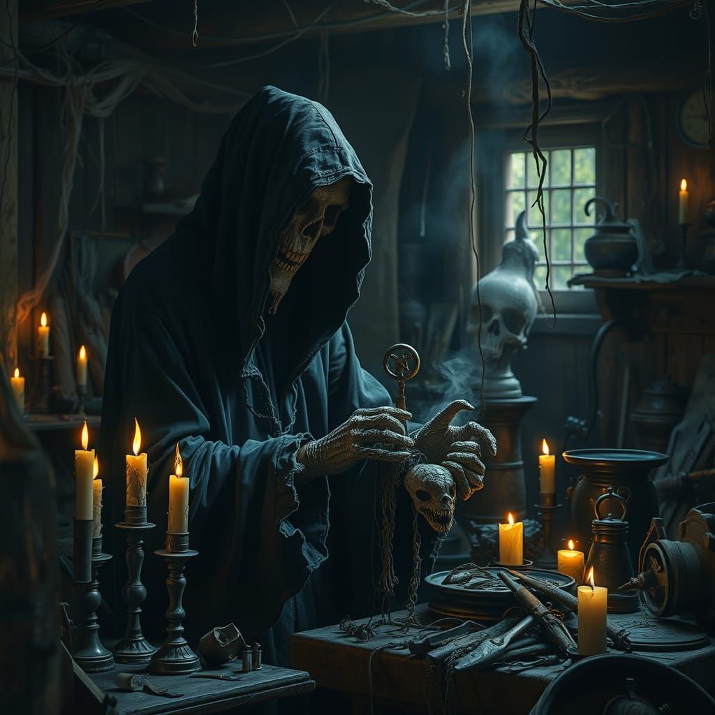 The Grim Reaper Crafts a Soul Catcher in a Haunting Workshop