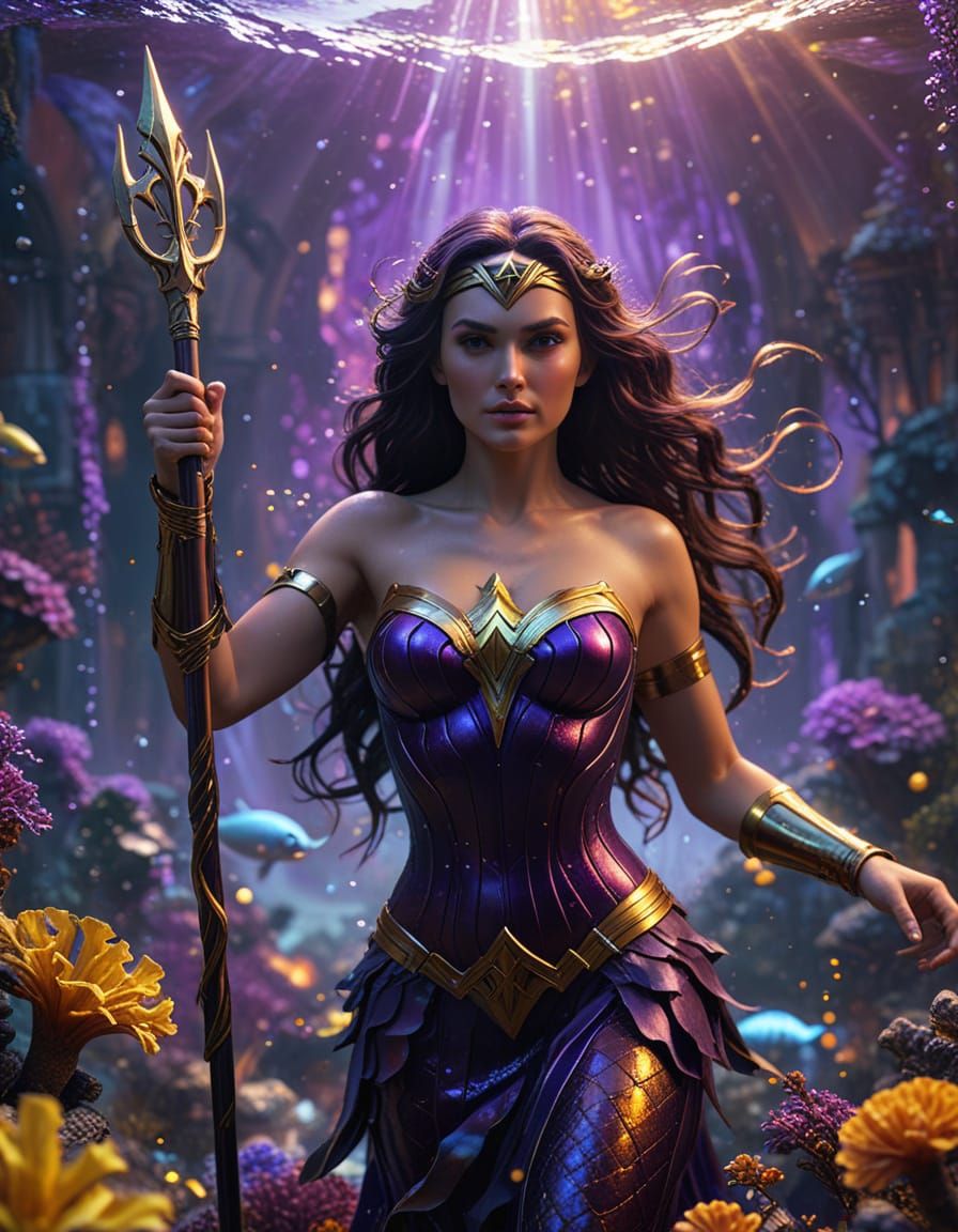 Wonder Woman in the form of a beautiful mermaid. She swims u...