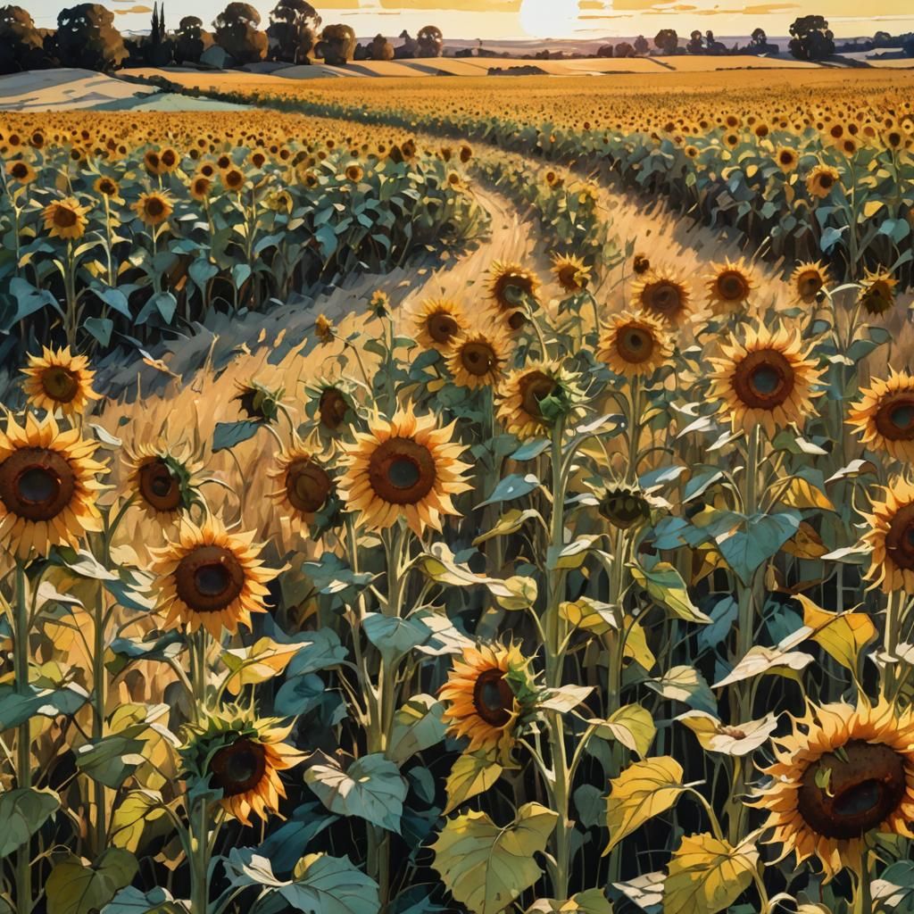 Sunflower Field Landscape in Post-Impressionist Style