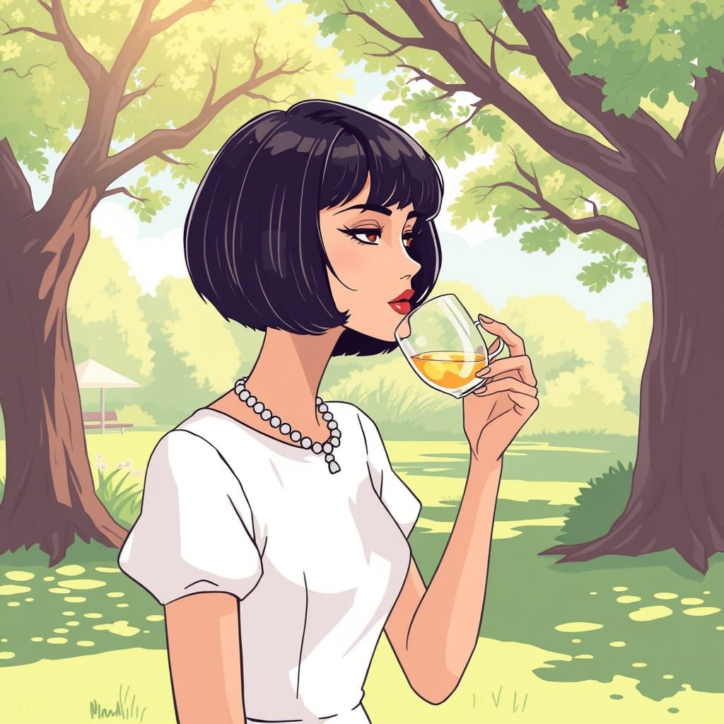 Woman Sipping Tea in Sun-Drenched Park, Ghibli Style