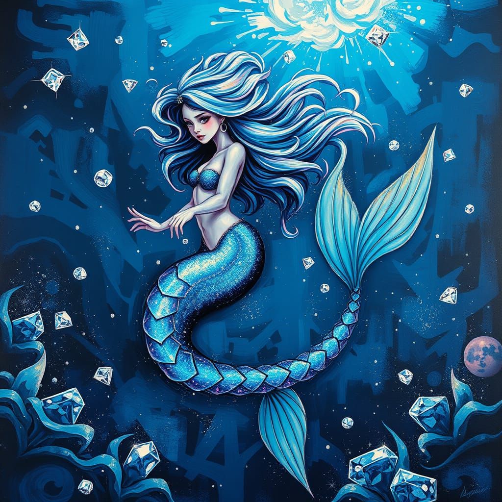 Majestic Mermaid in Vibrant Oceanic Scene, Cyberpunk-Inspire...