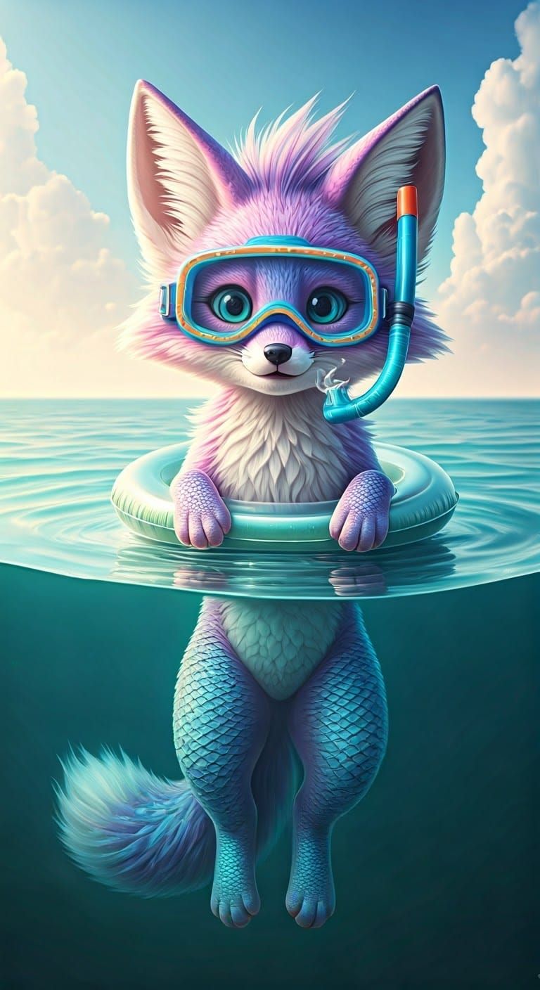 Iridescent Fox on Beach: 3D Rendered Art