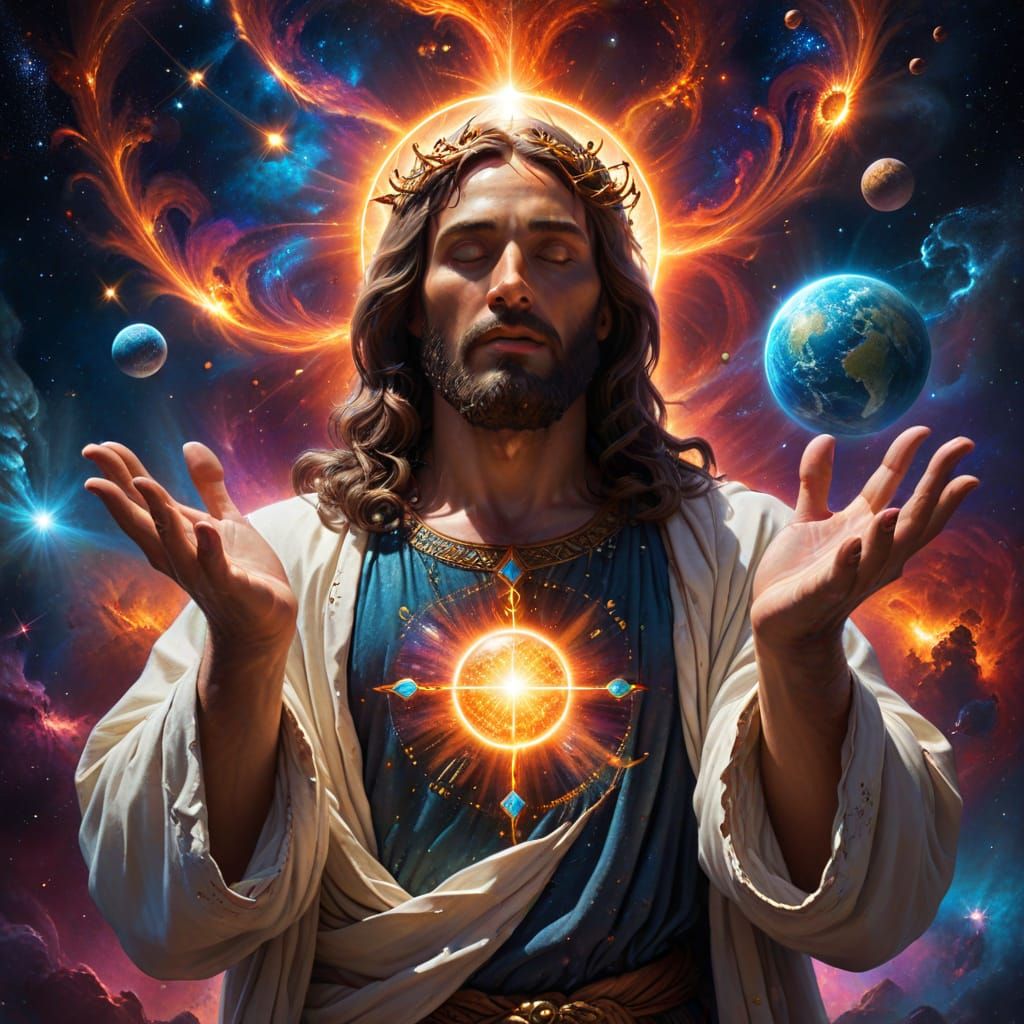 Jesus Holding Solar System in Surreal Cosmic Art