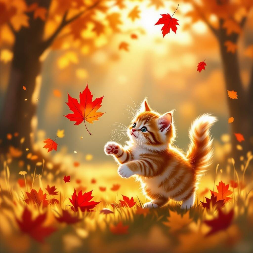 Ginger Kitten Chasing Autumn Leaf in Golden Hour Light