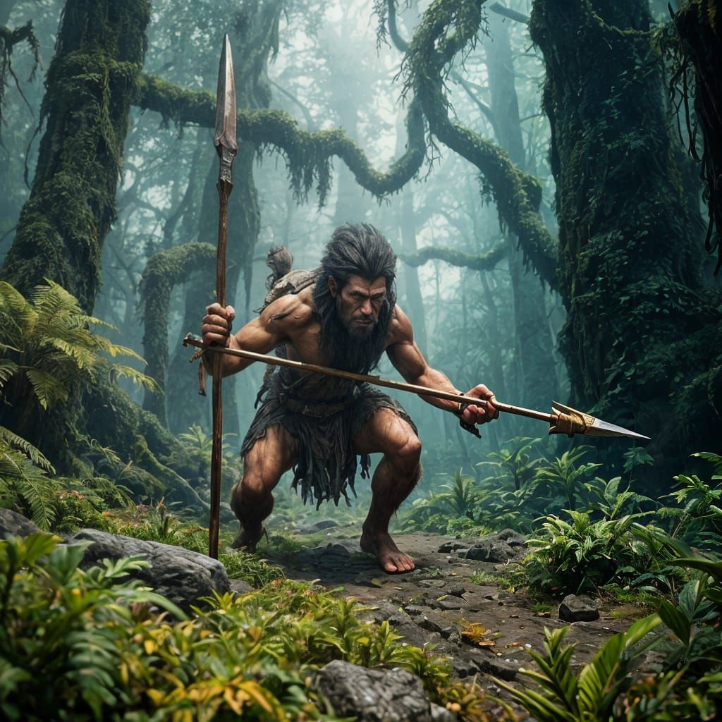 Neanderthal Hunter in a Fantastical Landscape