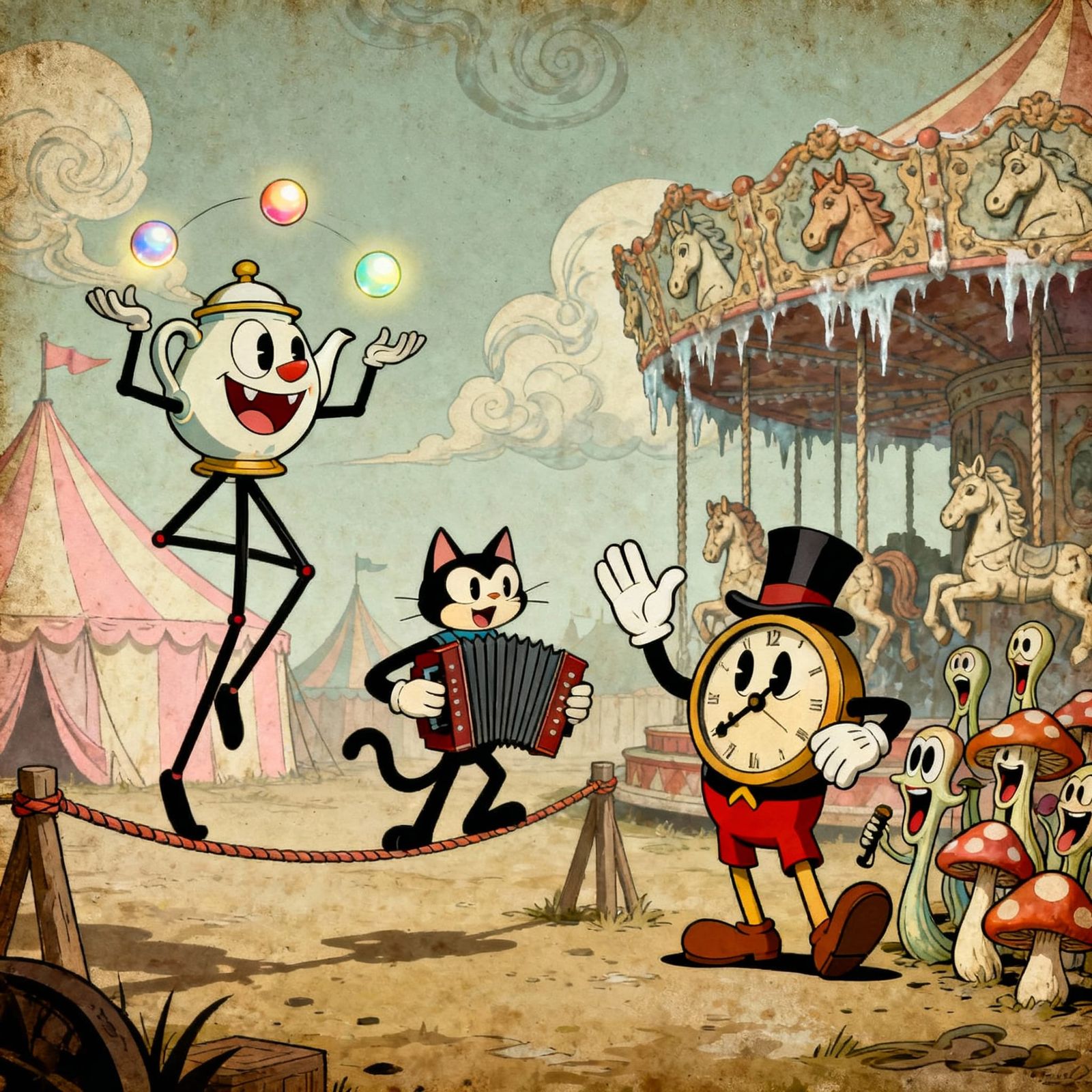Retro Cartoon Carnival with Surreal Characters in Cuphead St...