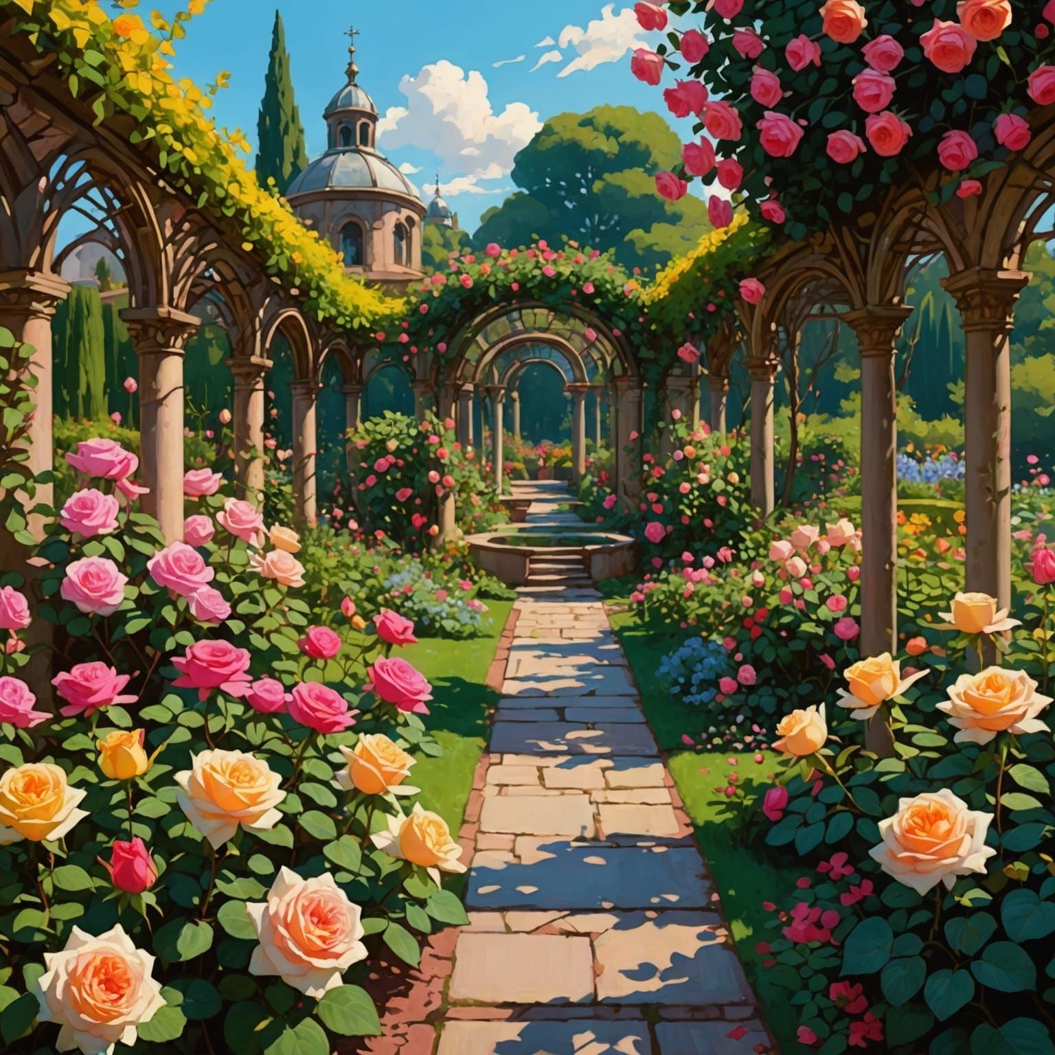 Colorful Rose Garden in Pre-Raphaelite Anime Style