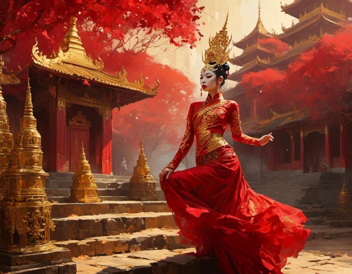 <lora:Constellation:1.0> Myanmar Tempel Dancer scenic backgr...