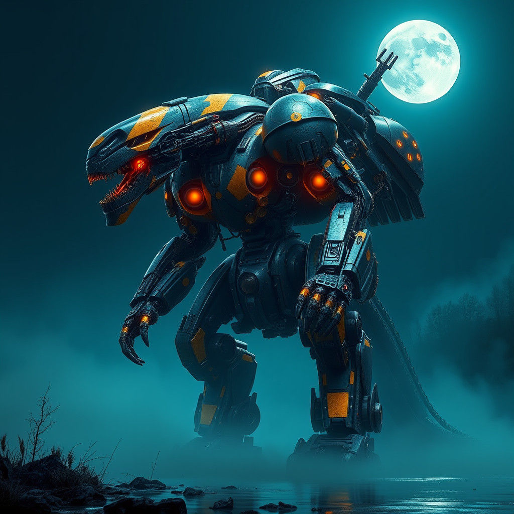Mechanical Warrior Stands Guard Under Moonlight